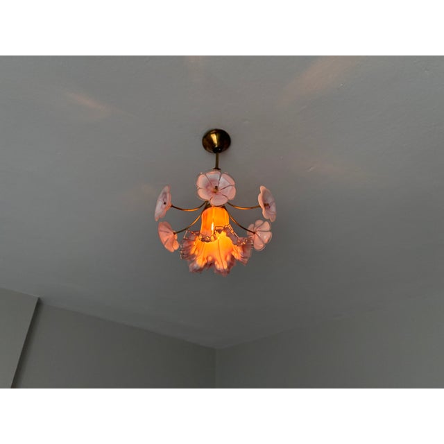 Vintage Murano Glass Ruffled Floral Pendant Light – Pink Swirl & Daisy Shades For Sale - Image 6 of 18