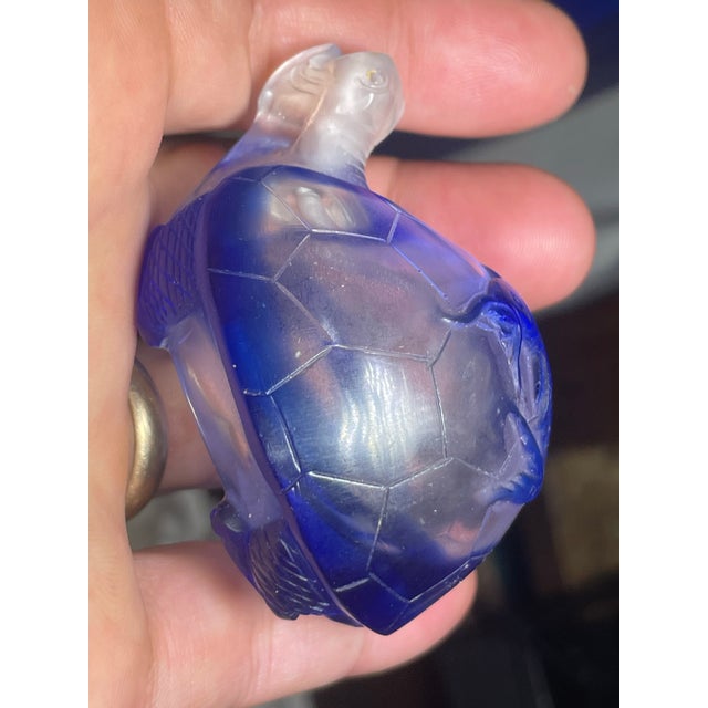 Early Republic Period Antique Carved Cobalt Glass Snuff Bottle Coral Stopper For Sale - Image 4 of 8