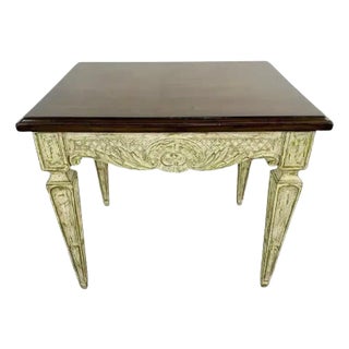 French Louis XVI Style Carved & Antiqued Finish Green Side or End Table For Sale