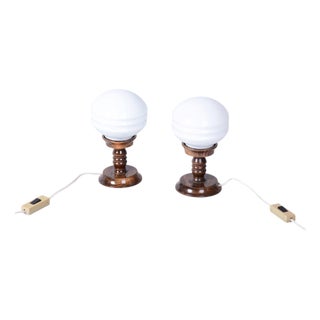 Art Deco Table Lamps in Beech and Opal Glass, Czech, 1930s, Set of 2 For Sale