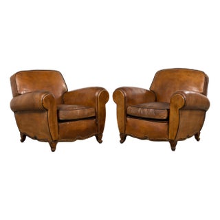 Antique French Louis XV Style Brown Leather Club Chairs - A Pair For Sale