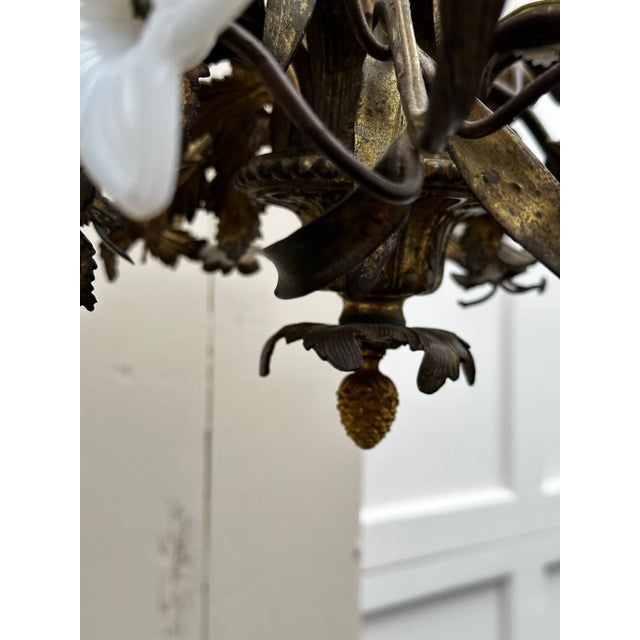 Metal Vintage Eight Light Hollywood Regency Floral Gilt Brass Chandelier For Sale - Image 7 of 10