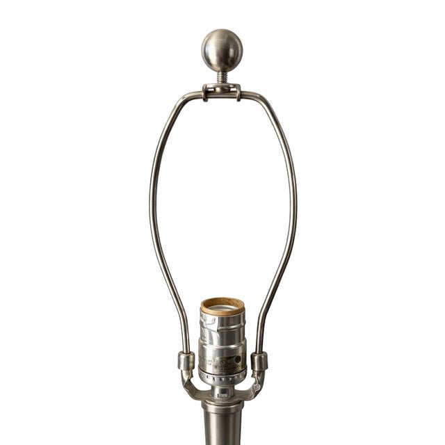 Chocolate Pair of Contemporary Brushed Nickel Table Lamps With Original Chocolate Brown Drum Shades – 23” For Sale - Image 8 of 8