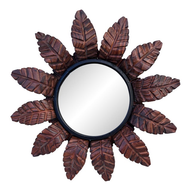 French Art Deco Sunburst Leaves Wood Mirror For Sale