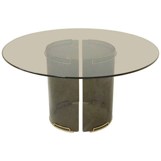 Round Grey Smoky Glass Dining Table with Curved Glass Base and Brass
