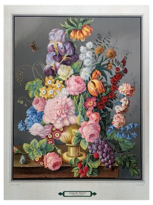 Joseph Nigg, Still Life with Flowers, Fruits and Butterflies, Original Lithograph, 1943