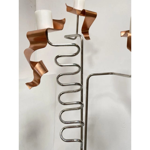Metal 1990s Machine Chrome & Copper 3 Arm Artist Signed Abstract Sculptural Candelabra For Sale - Image 7 of 9