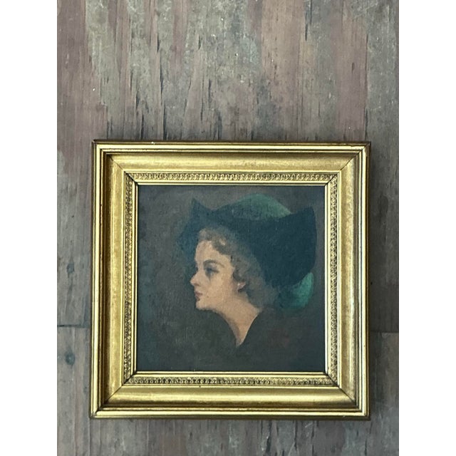 Wood Vintage Lady in Hat Oil Painting For Sale - Image 7 of 13