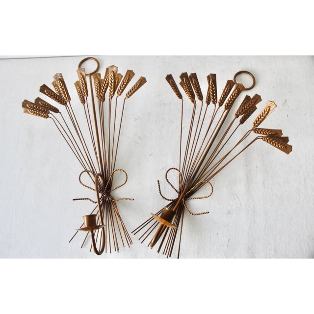 Gold Italian Style Sheaves of Wheat Mid-Century Sculptural Wall Mount Candle Holders Sconces-a Pair For Sale - Image 8 of 11