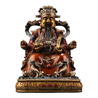 Large Vintage Gilt Bronze God of Wealth Statue - Chinese Caishen Sculpture With Polychrome For Sale