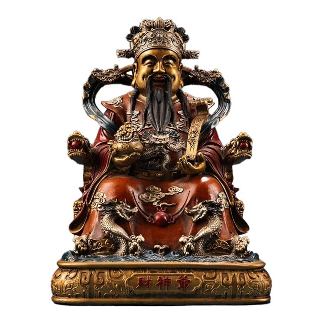 Large Vintage Gilt Bronze God of Wealth Statue - Chinese Caishen Sculpture With Polychrome For Sale