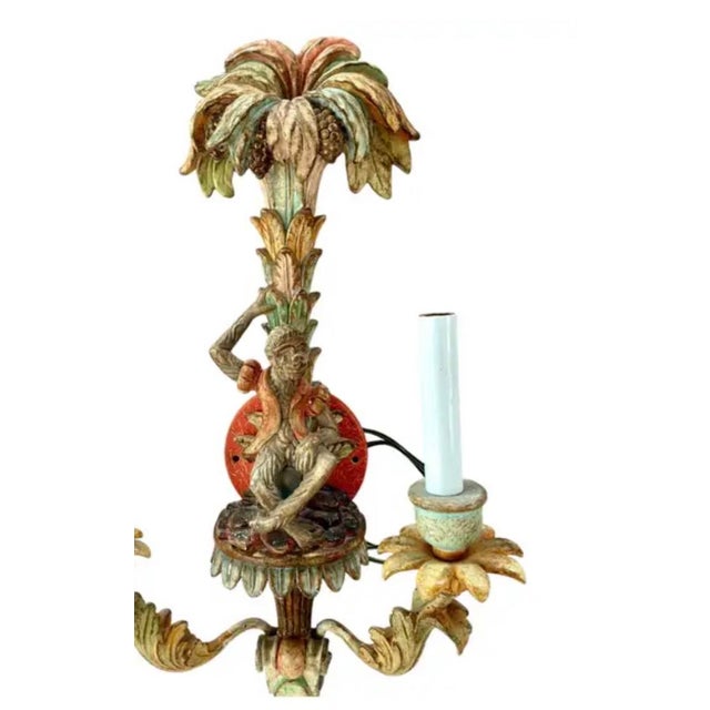 Mid 20th Century Vintage Italian Carved Wood Monkey Wall Sconces, Hand-Painted - a Pair For Sale - Image 5 of 14