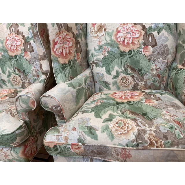 Off-white Pair Wing Chairs Newly Upholstered in Lee Jofa Chinese Lantern II in Spring For Sale - Image 8 of 8