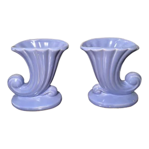 Pair of Mid Century Shawnee Pottery Periwinkle Cornucopia Vases