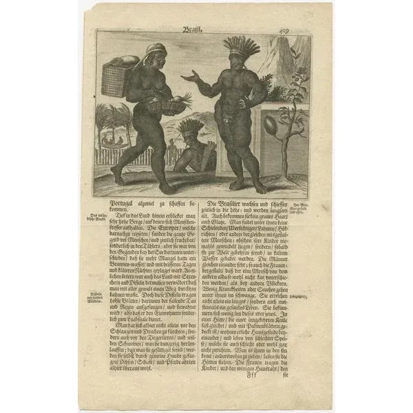 "Daily Life in Brazil" This striking copper engraving, part of Arnoldus Montanus' "Die Unbekannte Neue Welt oder...
