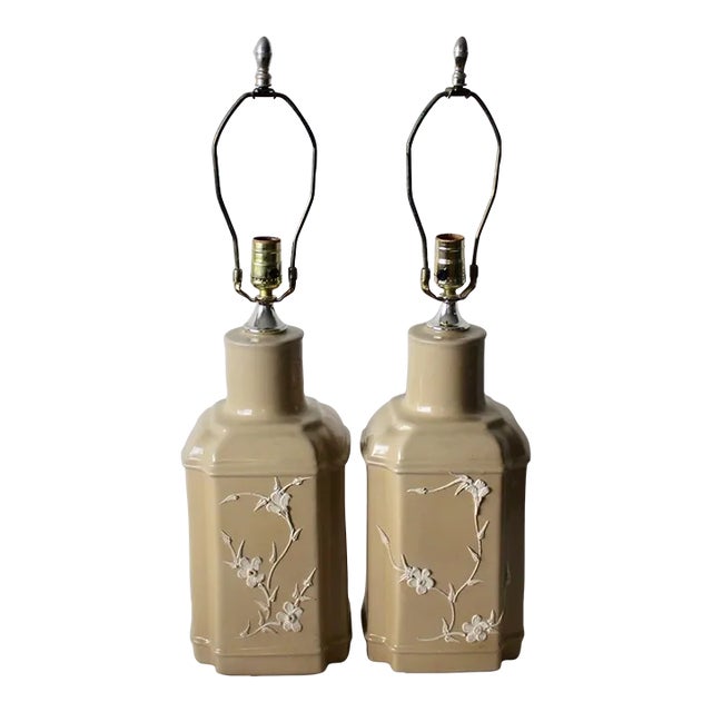 Novelty Crystal Corp Flower Over Beige Chinoiserie Ceramic Table Lamps