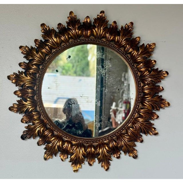 Mid-Century Giltwood Sunburst Mirror With Antiqued Mercury Glass For Sale - Image 4 of 6