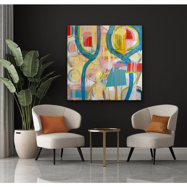 Abstract Large Contemporary Abstract Acrylic Painting – Teal, Coral & Yellow Drip Expressionism For Sale - Image 3 of 10
