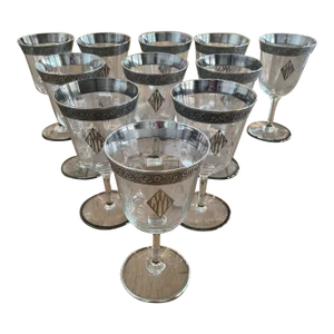 Early 20th Century Sterling Rimmed Crystal Wine Glasses, Monogrammed- Set of 11