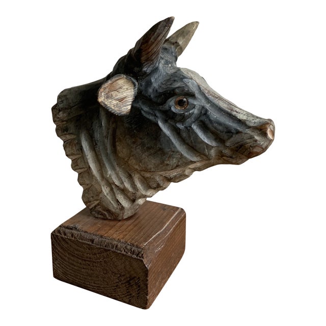 Folk Art Hand Carved and Painted Wood Cow Head Sculpture Chairish