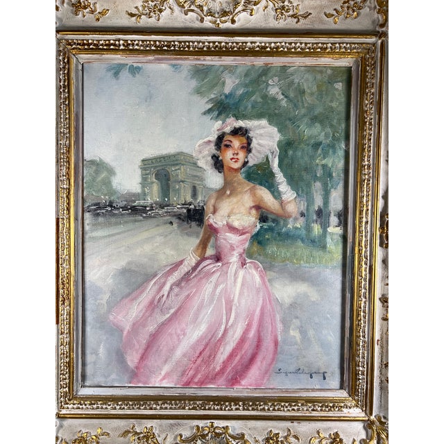 Eugène Lelièpvre, Woman in a Pink Dress in Front of the Arc De Triomphe, Paris, 1950s, Oil on Canvas, Framed For Sale - Image 3 of 13