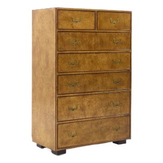 John Widdicomb Campaign Mid Century Burlwood and Brass Highboy Dresser For Sale