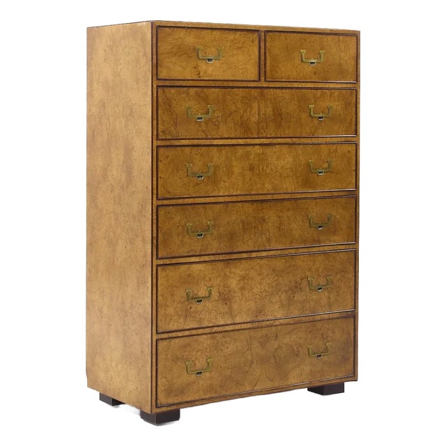 John Widdicomb Campaign Mid Century Burlwood and Brass Highboy Dresser For Sale