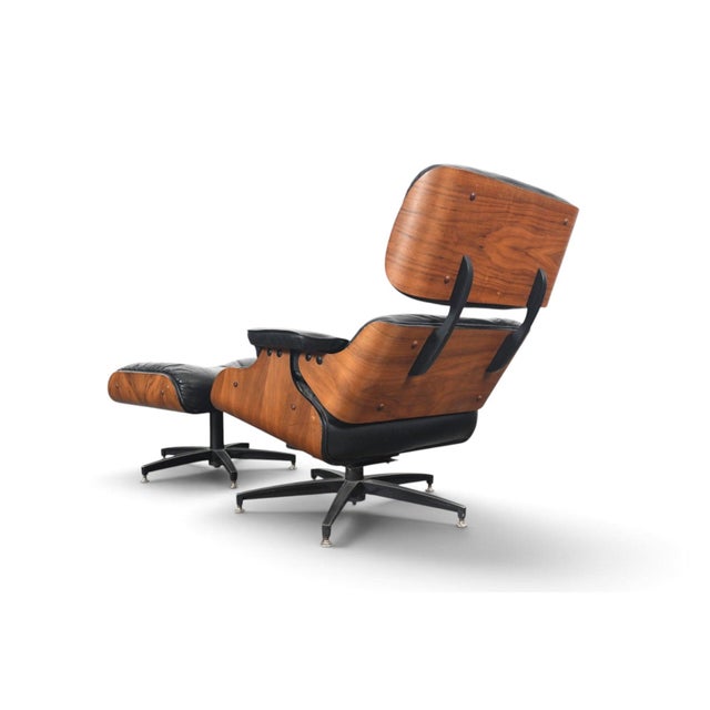 1970s Walnut + Leather Lounge Chair and Ottoman For Sale - Image 10 of 11