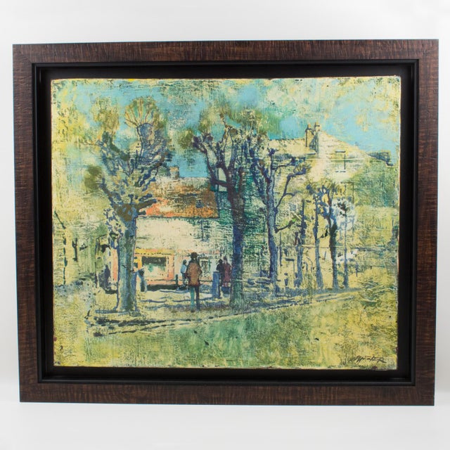 This pretty oil on canvas modernist composition, typical of the 1950s, features a house in a village in the countryside...
