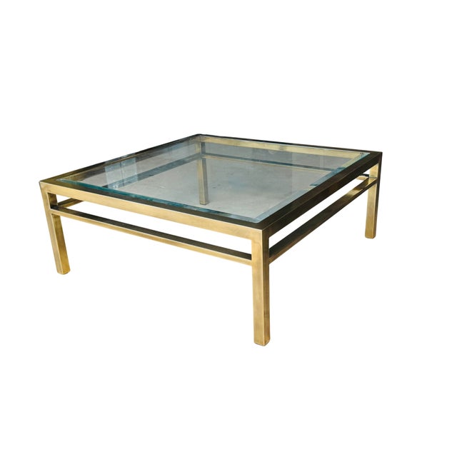 Vintage 1970s Brass & Glass Square Coffee Table | Hollywood Regency Mid-Century Modern Cocktail Table | Maison Jansen...