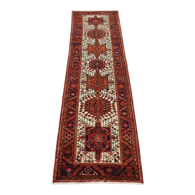 Karajeh Runner 3'3'' X 10'8'' Ivory Wool Semi-Antique Tribal Hand-Knotted Rug For Sale