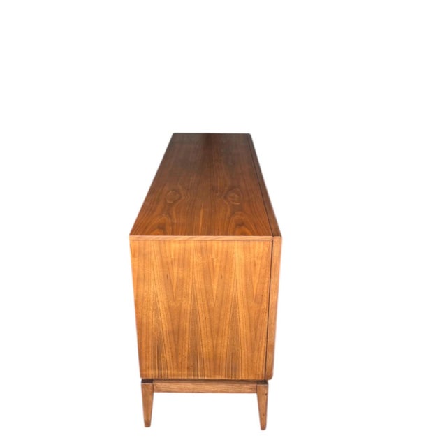 1960s Restored 1960s Mid-Century Modern Walnut Chest of Drawers – 9 Drawers, Sculpted Handles, Pedestal Legs For Sale - Image 5 of 17