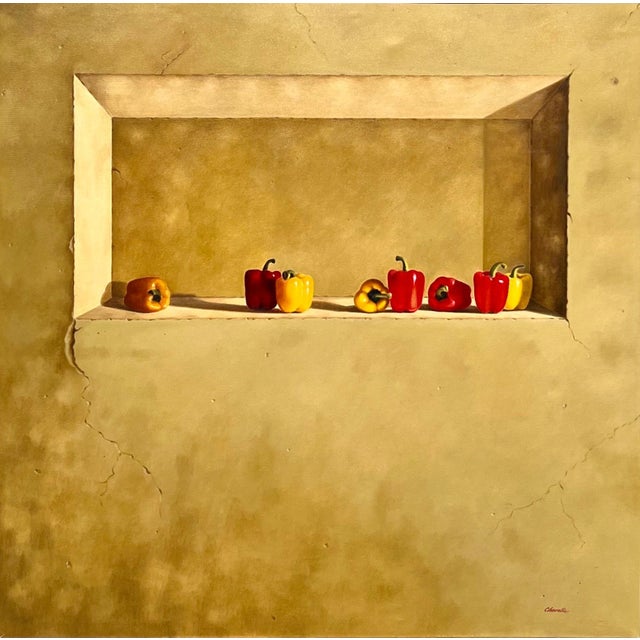 Rene Chavelle, Large Trompe L'oeil Oil Painting Rene Chavelle Belgian Photo Realist Peppers, c.1980's For Sale - Image 9 of 15