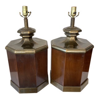 1960s Large Walnut and Brass Octagonal Shaped Lamps - a Pair For Sale