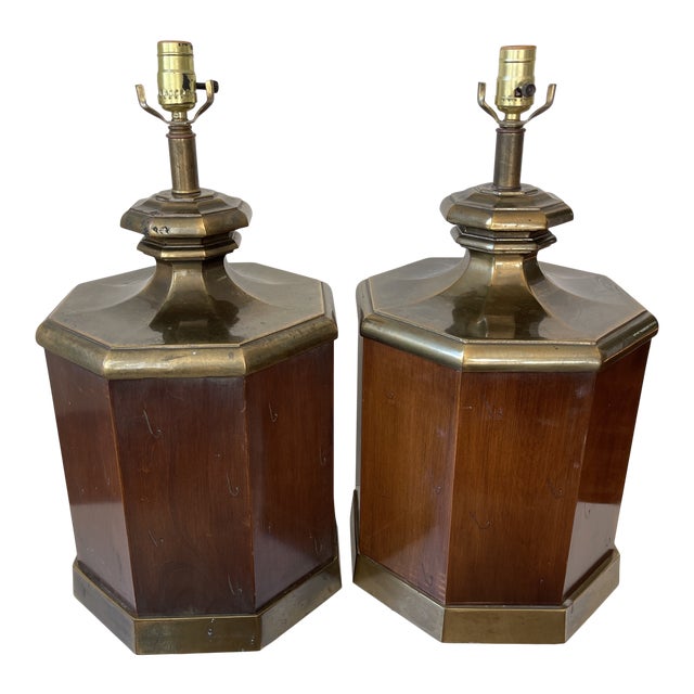 1960s Large Walnut and Brass Octagonal Shaped Lamps - a Pair For Sale