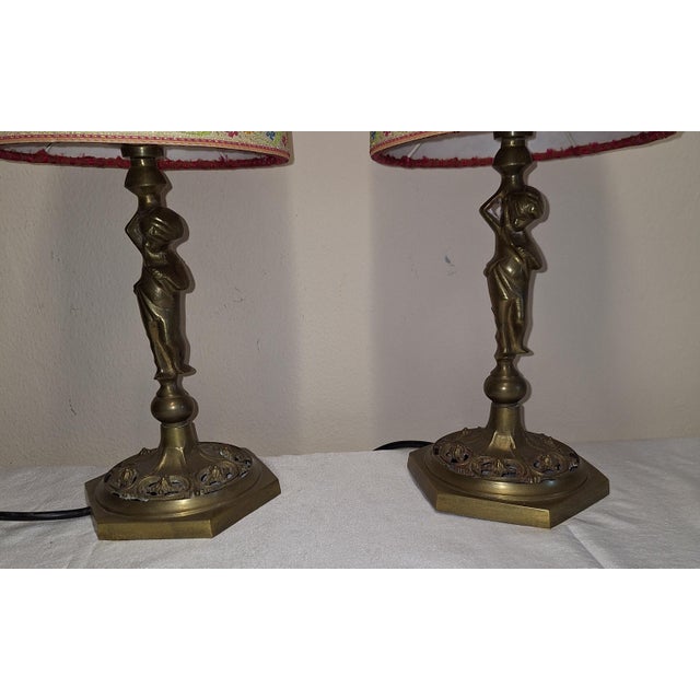 1960s Vintage Table Lamps with Figurative Brass Base and Handmade Fabric Shade, 1960s, Set of 2 For Sale - Image 5 of 12