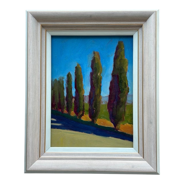 Vintage European Oil Cypress Trees in the Sun, Framed For Sale