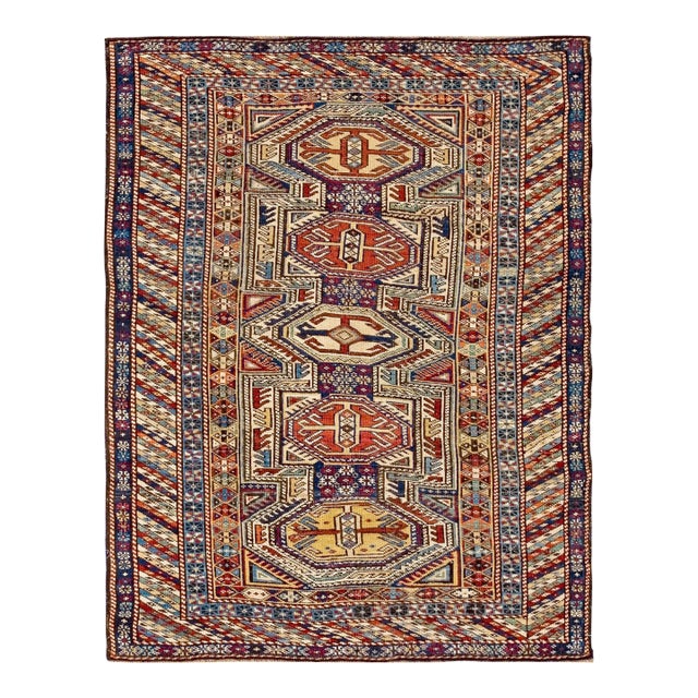 1890s Multic Geometric Tribal Antique Caucasian Shirvan Rug 3'5" X 4'5" Handknotted Wool Carpet For Sale