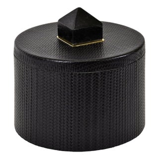 Matthew Izzo Home Black Faux Leather Round Container With Marble Handled Lid For Sale