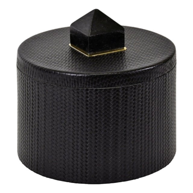 Matthew Izzo Home Black Faux Leather Round Container With Marble Handled Lid For Sale