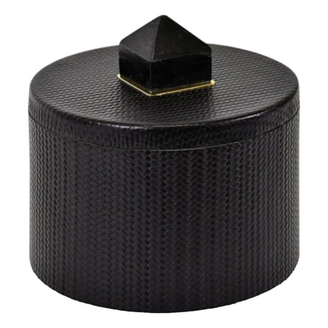 Matthew Izzo Home Denver Black Faux Leather Round Container With Marble Handle Lid For Sale