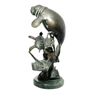 “Manatee & Sea Creatures” Brass Sculpture on Marble For Sale