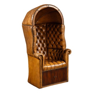 Antique Tufted Leather Porter’s Chair With Storage Base in Amber For Sale