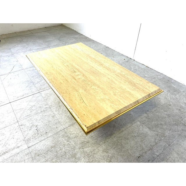 Brass and Travertine Coffee Table attributed to Fedam, 1970s For Sale - Image 6 of 12