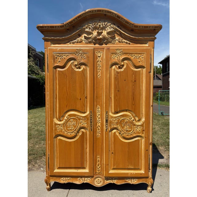 Rustic Scrubbed Pine Hand Carved French Country Armoire For Sale - Image 12 of 12