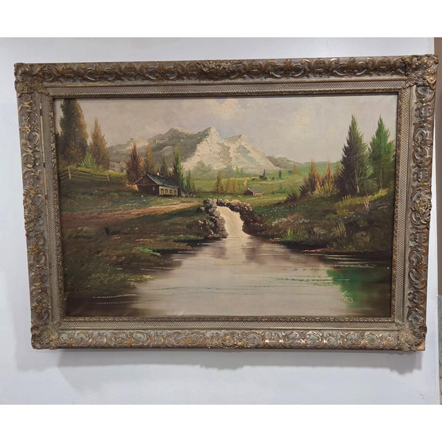 Rustic European Large Vintage Dutch Landscape Oil Painting Early 1900s For Sale - Image 3 of 8