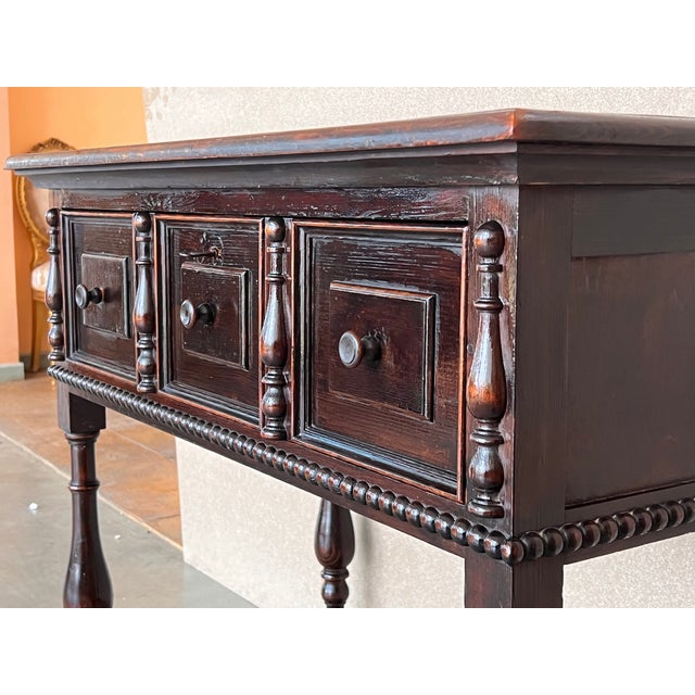 Brown Spanish Console Chest Table With Two Carved Drawers and Original Hardware For Sale - Image 8 of 13