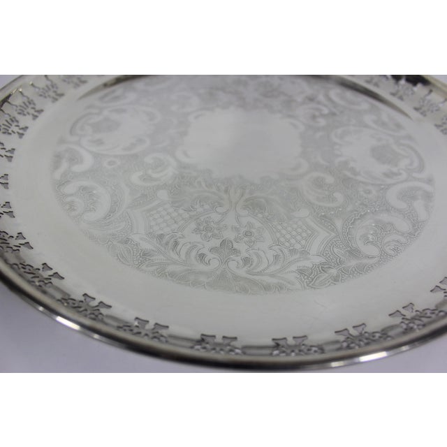 Silver Vintage Large Round Silver Plated Tray With Small Feet Pierced Side Plate Embossed For Sale - Image 8 of 8