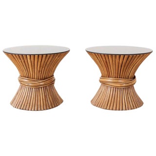 Pair of McGuire Rattan Bamboo Drink Tables For Sale