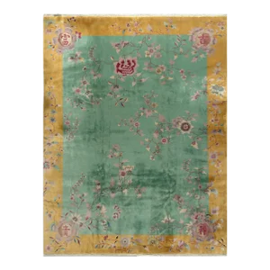 Green and Yellow Gold Floral Vintage Chinese Art Deco Area Rug 8'10" X 11'04"